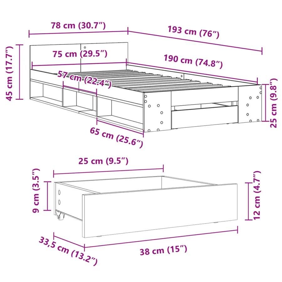 Cadre de lit avec tiroir sans matelas chêne fumé 75x190 cm - 10
