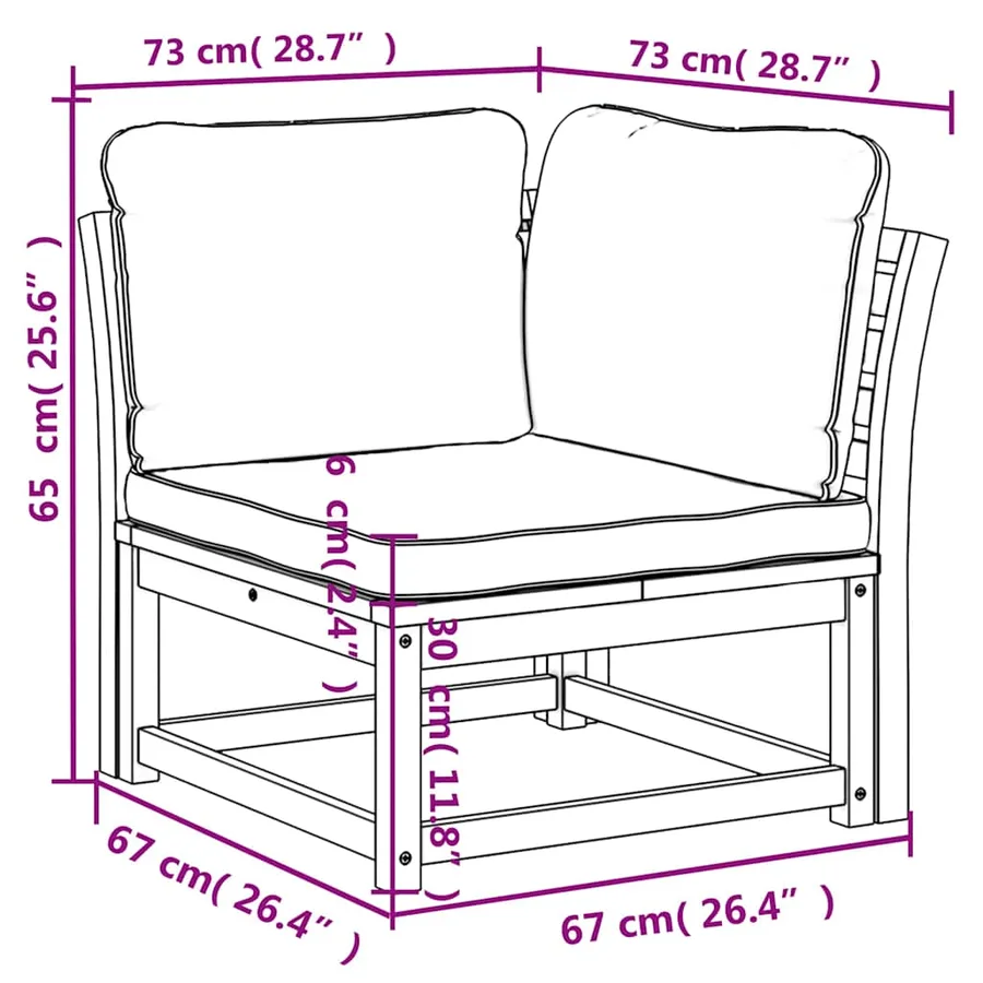 Canapé d'angle de jardin coussins 73x73x65cm bois massif acacia - 8