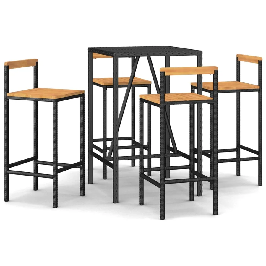 Ensemble de bar jardin 5 pcs noir poly rotin/bois massif acacia - 2