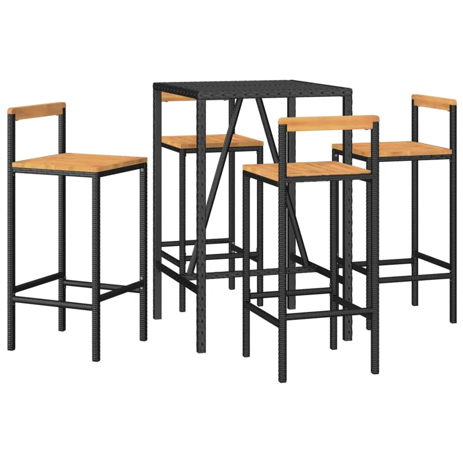 Ensemble de bar jardin 5 pcs noir poly rotin/bois massif acacia - 3