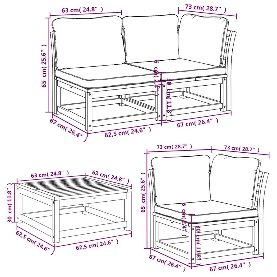 Salon de jardin 6 pcs avec coussins bois d'acacia solide - 9