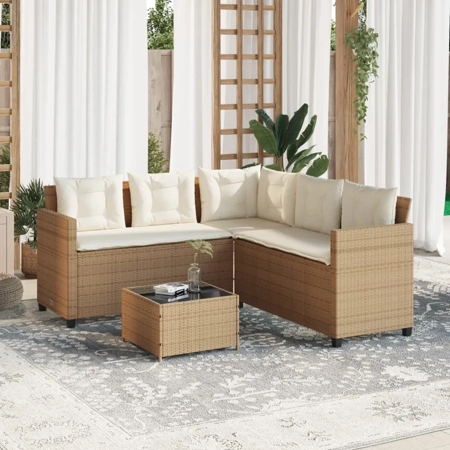 Canapé de jardin avec table et coussins en forme de L beige - 3
