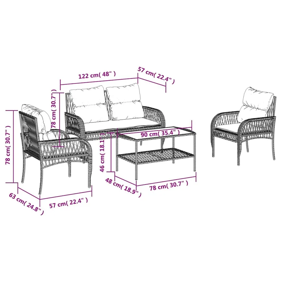 Salon de jardin 4 pcs avec coussins gris résine tressée - 14