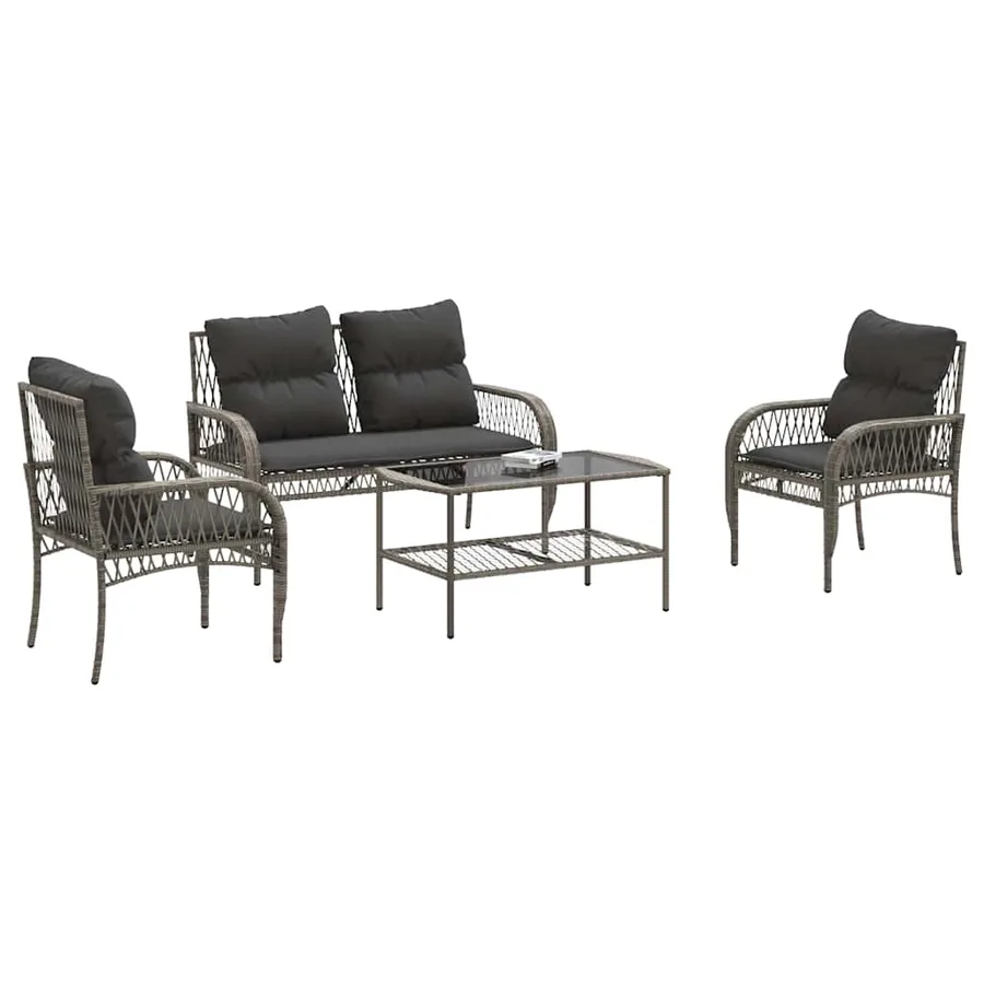 Salon de jardin 4 pcs avec coussins gris résine tressée - 3