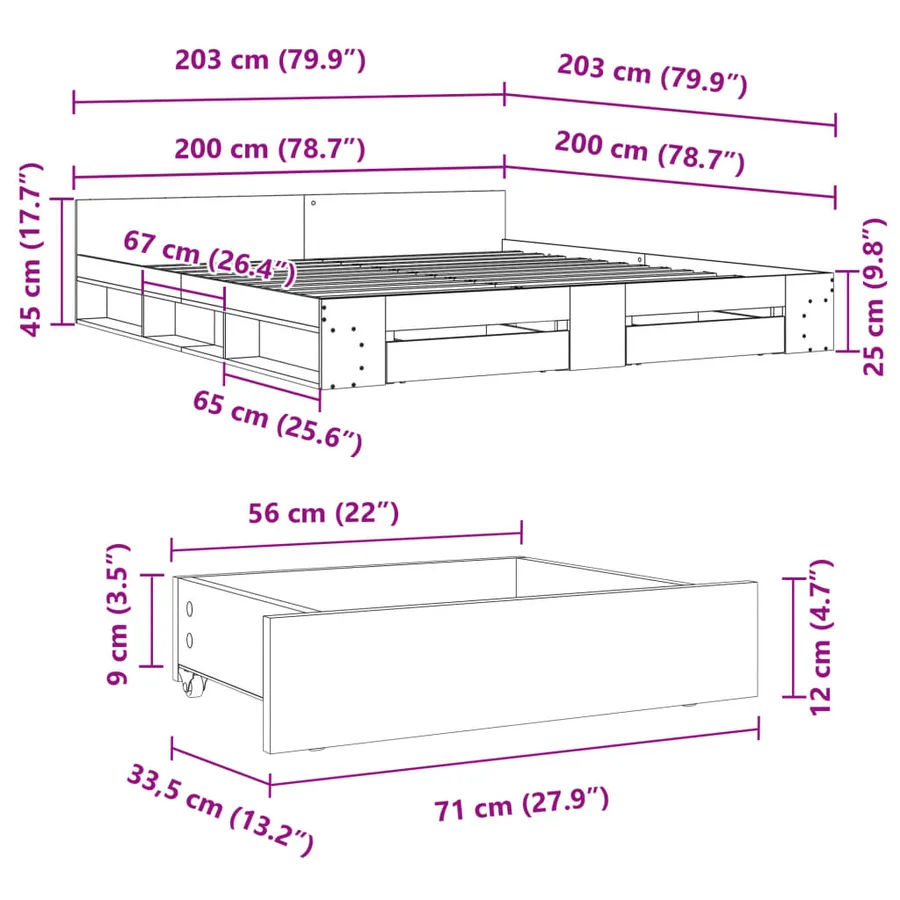 Cadre de lit avec tiroirs sans matelas chêne fumé 200x200 cm - 10