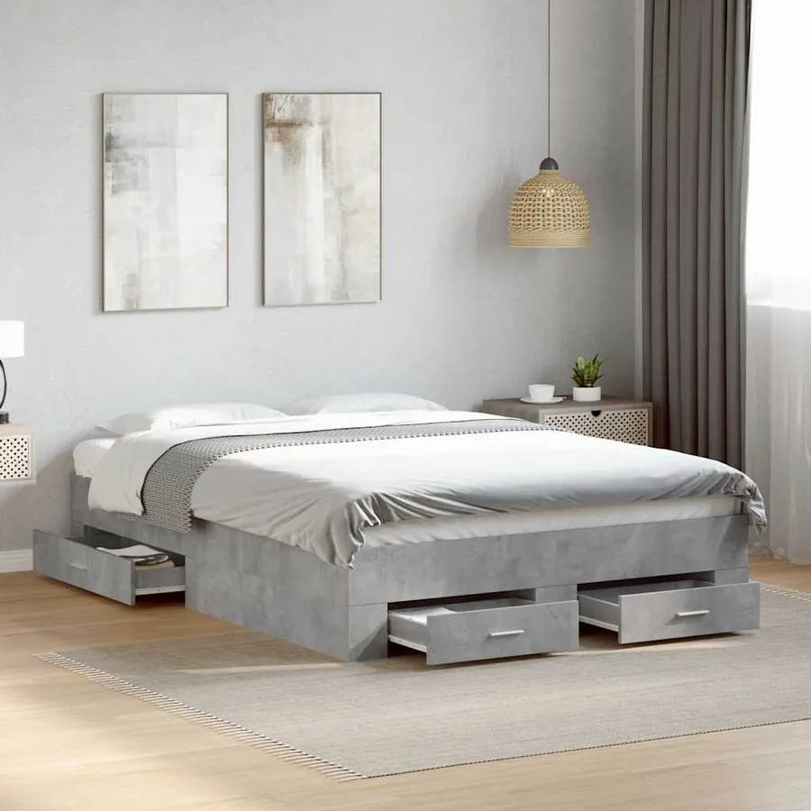 Cadre de lit avec tiroirs sans matelas gris béton 135x190 cm