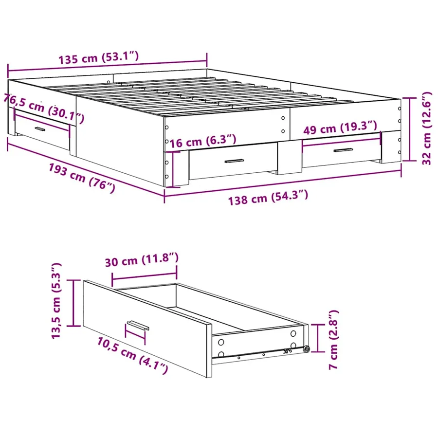 Cadre de lit avec tiroirs sans matelas gris béton 135x190 cm - 10