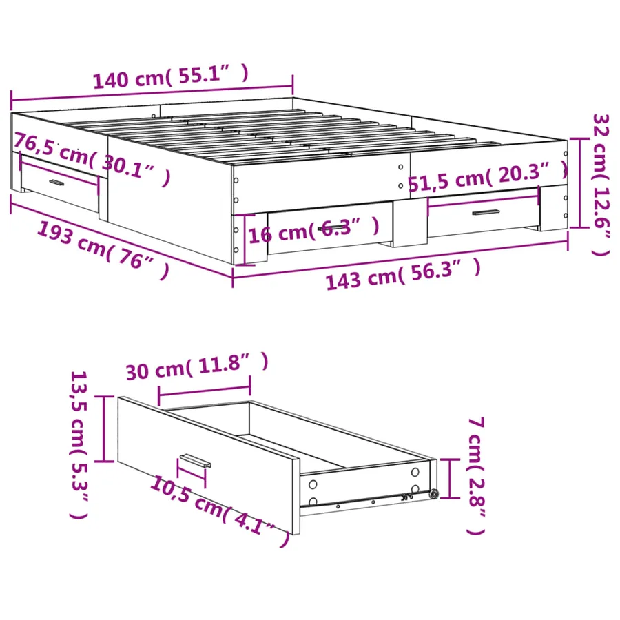 Cadre de lit avec tiroirs sans matelas blanc 140x190 cm - 10