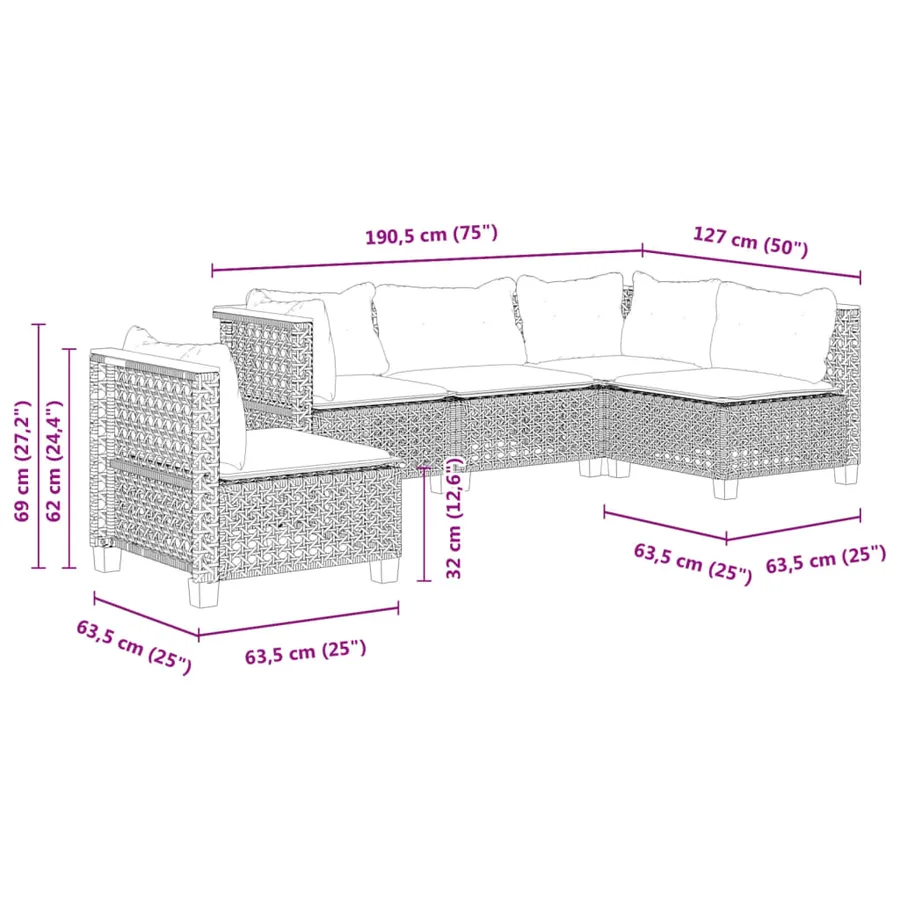 Salon de jardin 5 pcs avec coussins noir résine tressée - 6