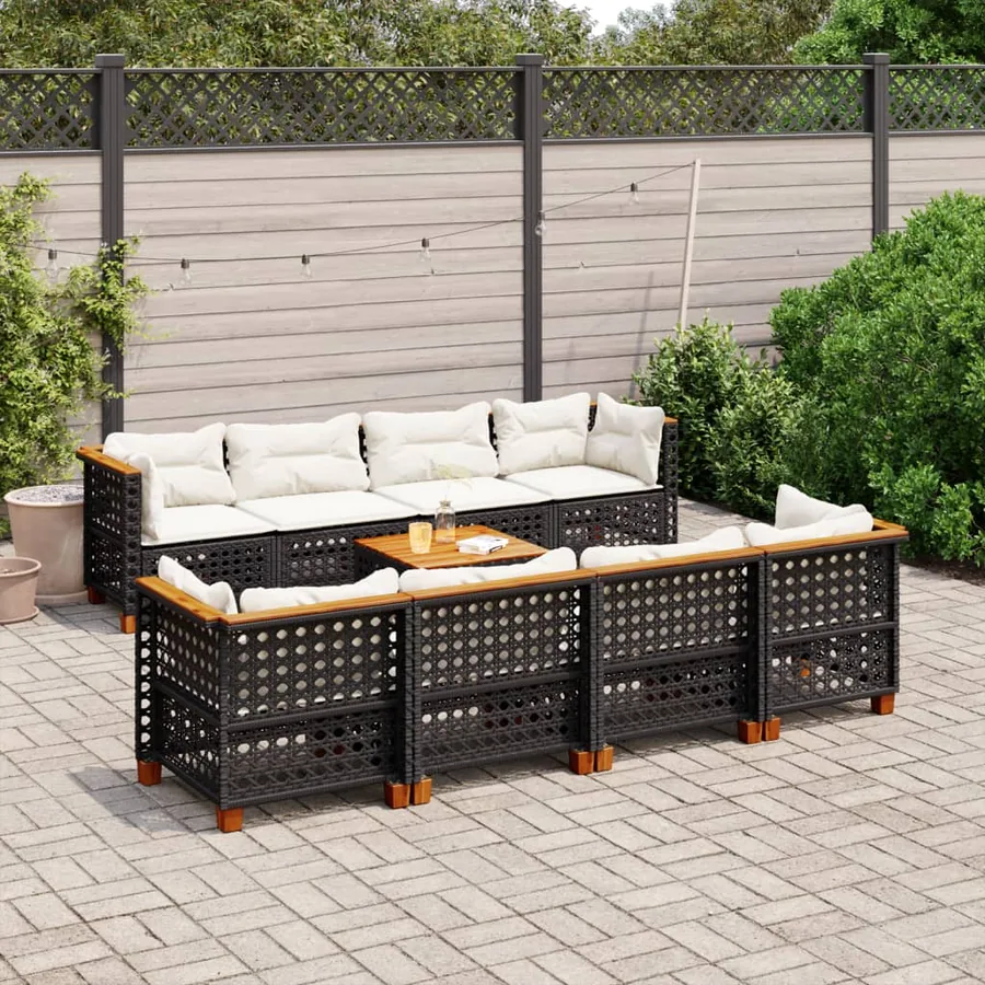 Salon de jardin 9 pcs avec coussins noir résine tressée