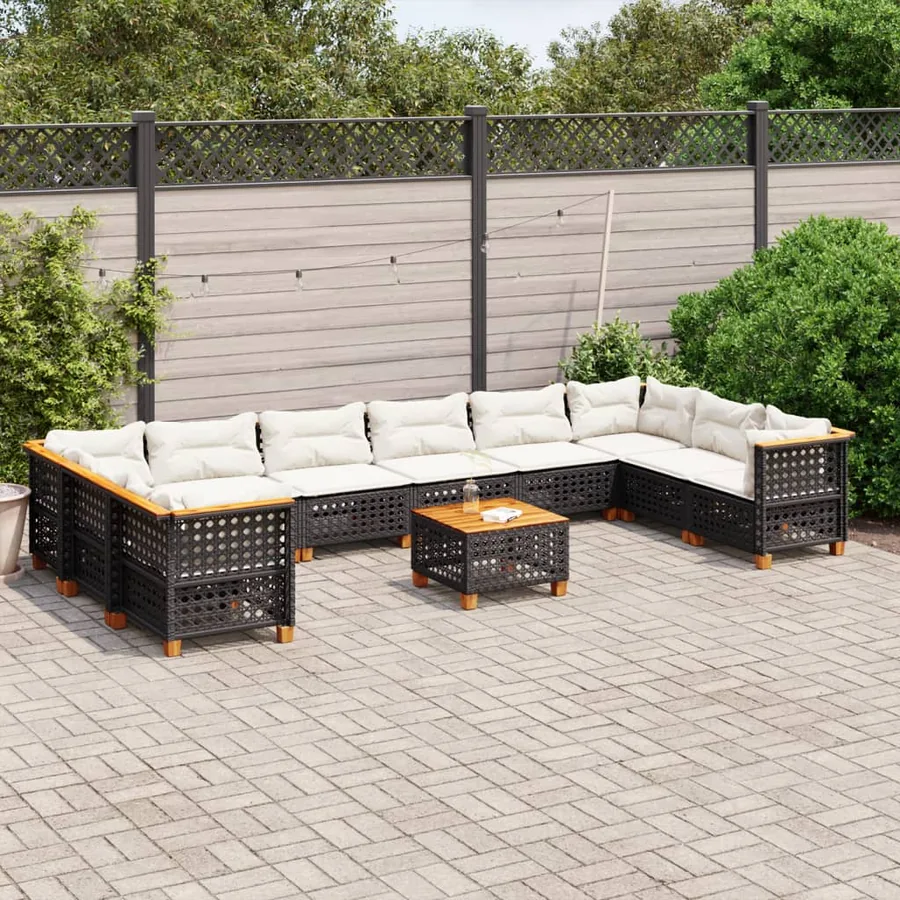 Salon de jardin 11 pcs avec coussins noir résine tressée