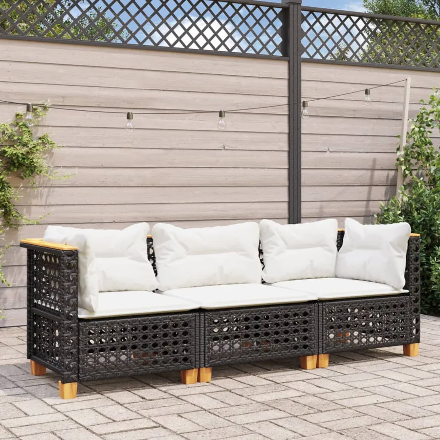 Canapé de jardin avec coussins 3 places noir résine tressée - 3