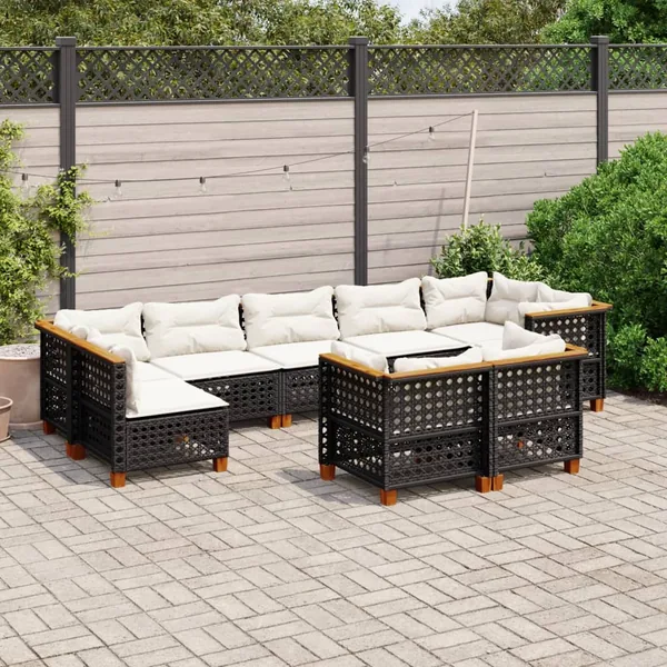 Salon de jardin 9 pcs avec coussins noir résine tressée