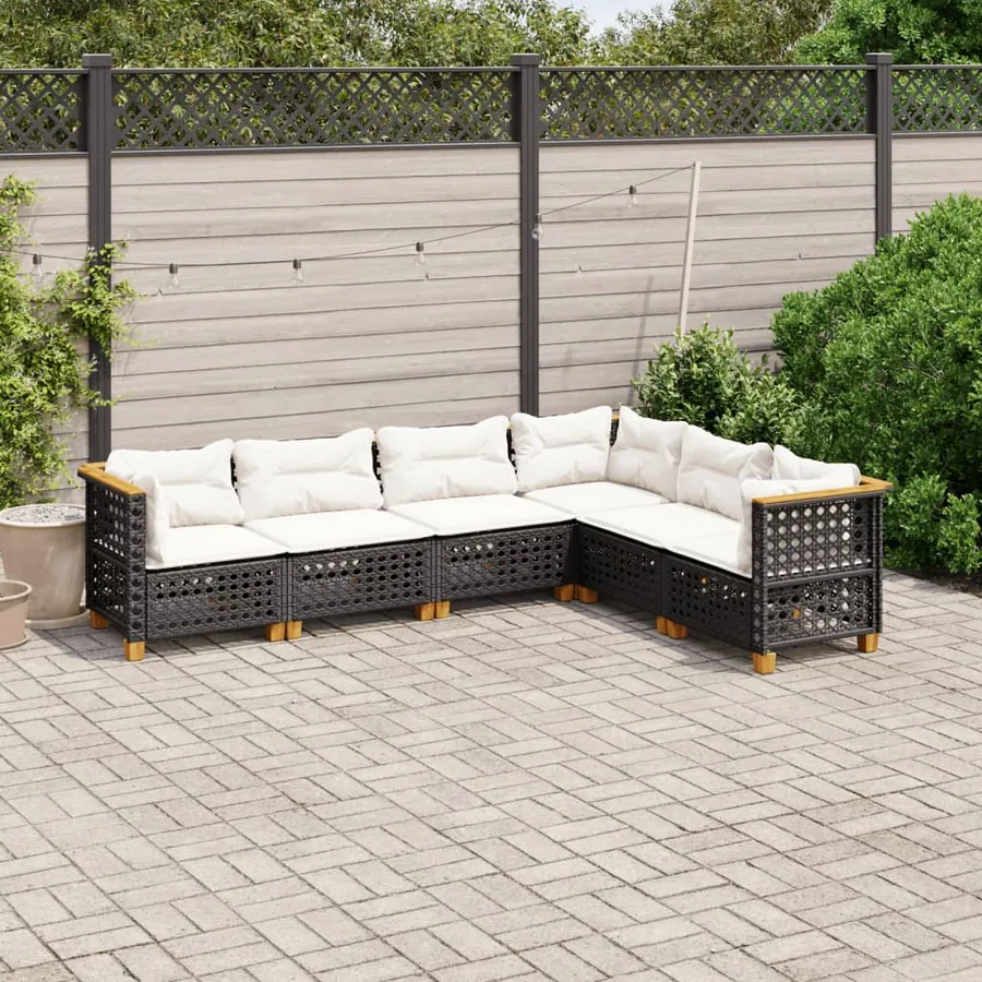 Salon de jardin 6 pcs avec coussins noir résine tressée
