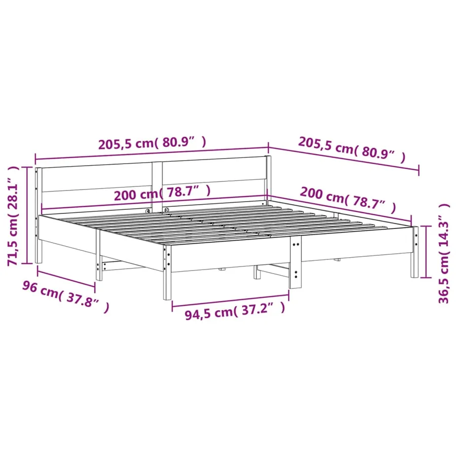 Cadre de lit sans matelas blanc 200x200 cm bois massif de pin - 9