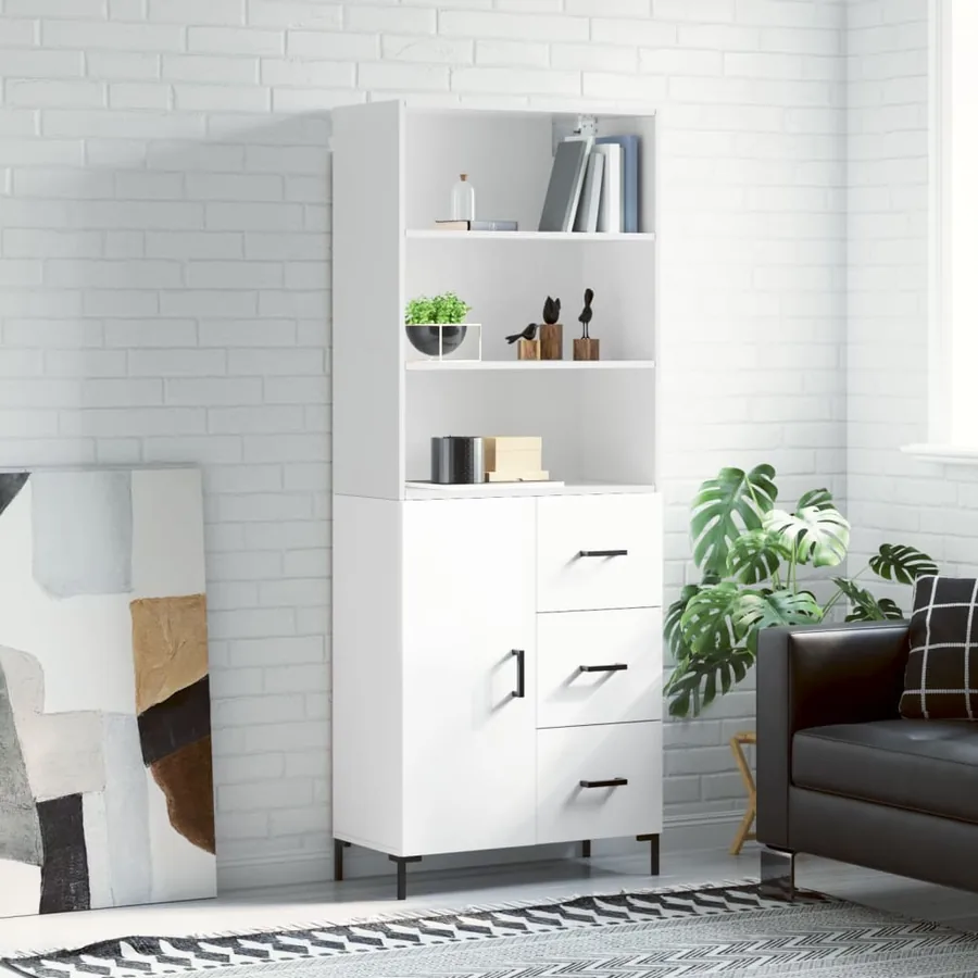 Buffet haut Blanc brillant 69,5x34x180 cm Bois d'ingénierie