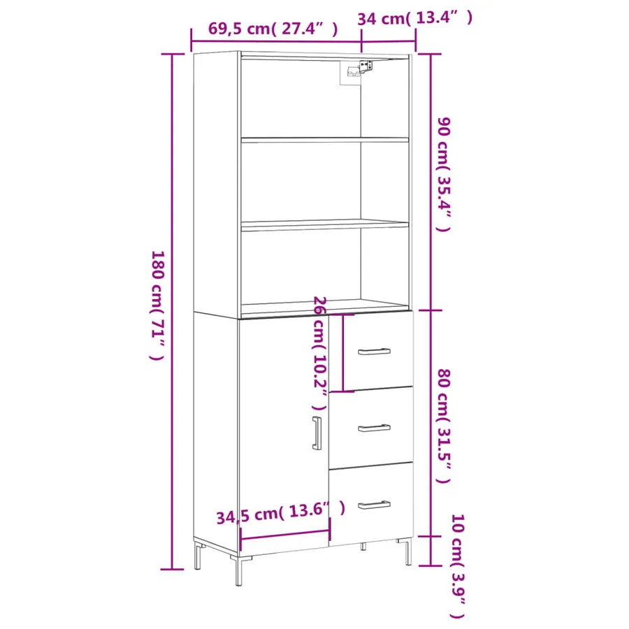 Buffet haut Blanc brillant 69,5x34x180 cm Bois d'ingénierie - 14