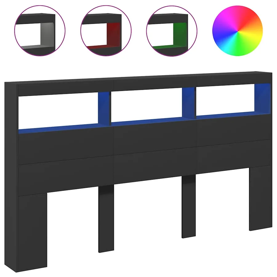 Armoire tête de lit avec LED noir 180x17x102 cm - 2