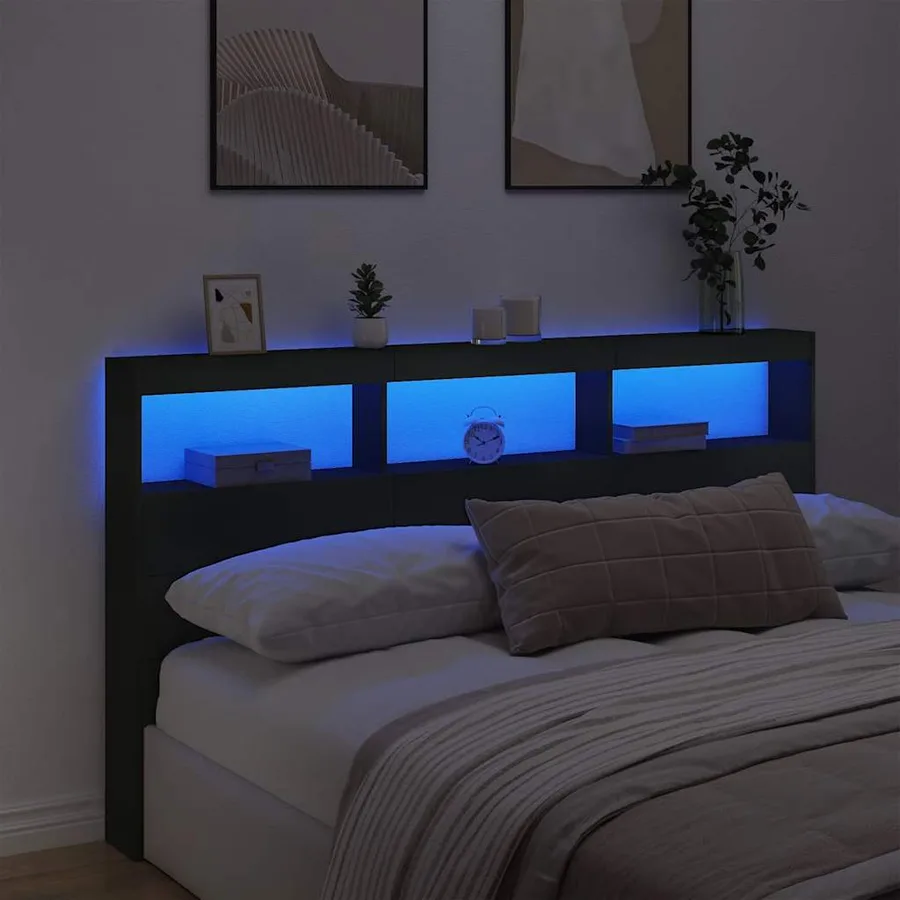 Armoire tête de lit avec LED noir 180x17x102 cm - 4