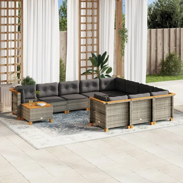 Salon de jardin 11 pcs avec coussins gris résine tressée