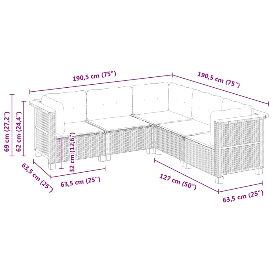Salon de jardin 5 pcs avec coussins gris résine tressée - 6