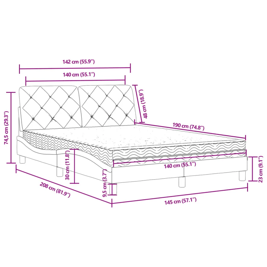 Lit avec matelas rose 140x190 cm velours - 11