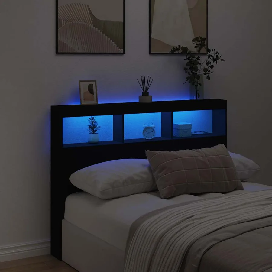 Armoire tête de lit avec LED noir 140x17x102 cm - 4