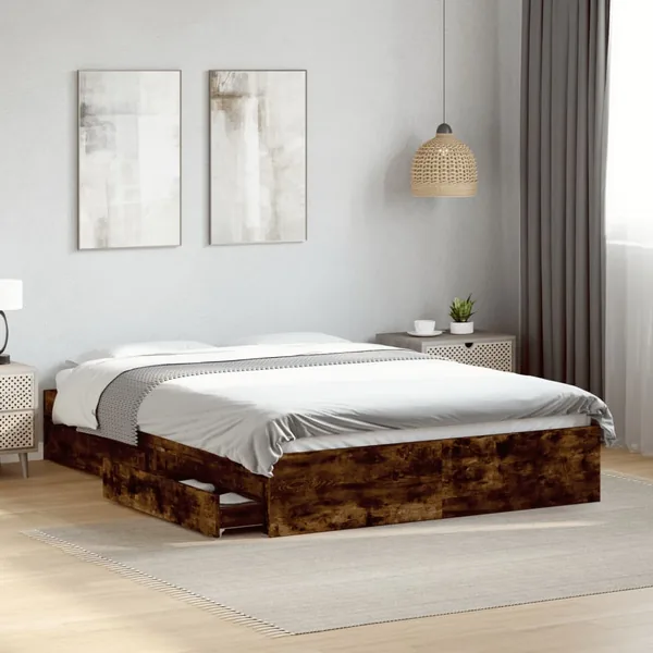 Cadre de lit avec tiroirs sans matelas chêne fumé 140x200 cm