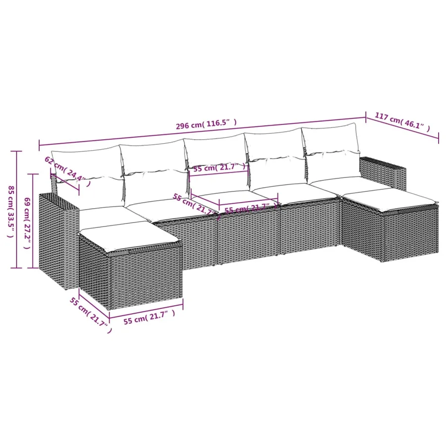 Salon de jardin avec coussins 7 pcs marron résine tressée - 3