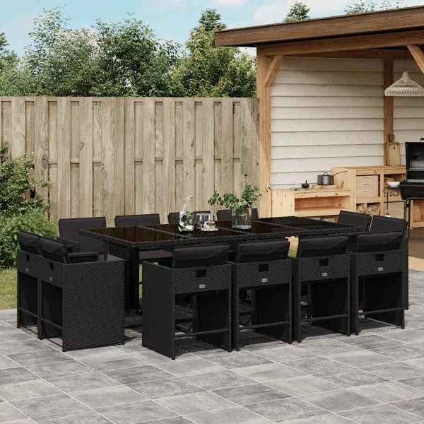 Ensemble à manger de jardin 13 pcs coussins noir résine tressée