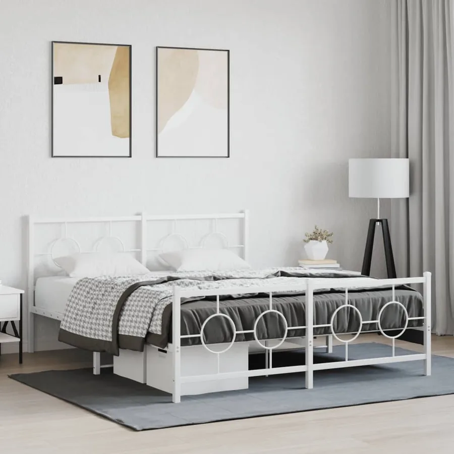 Cadre de lit métal sans matelas et pied de lit blanc 150x200 cm