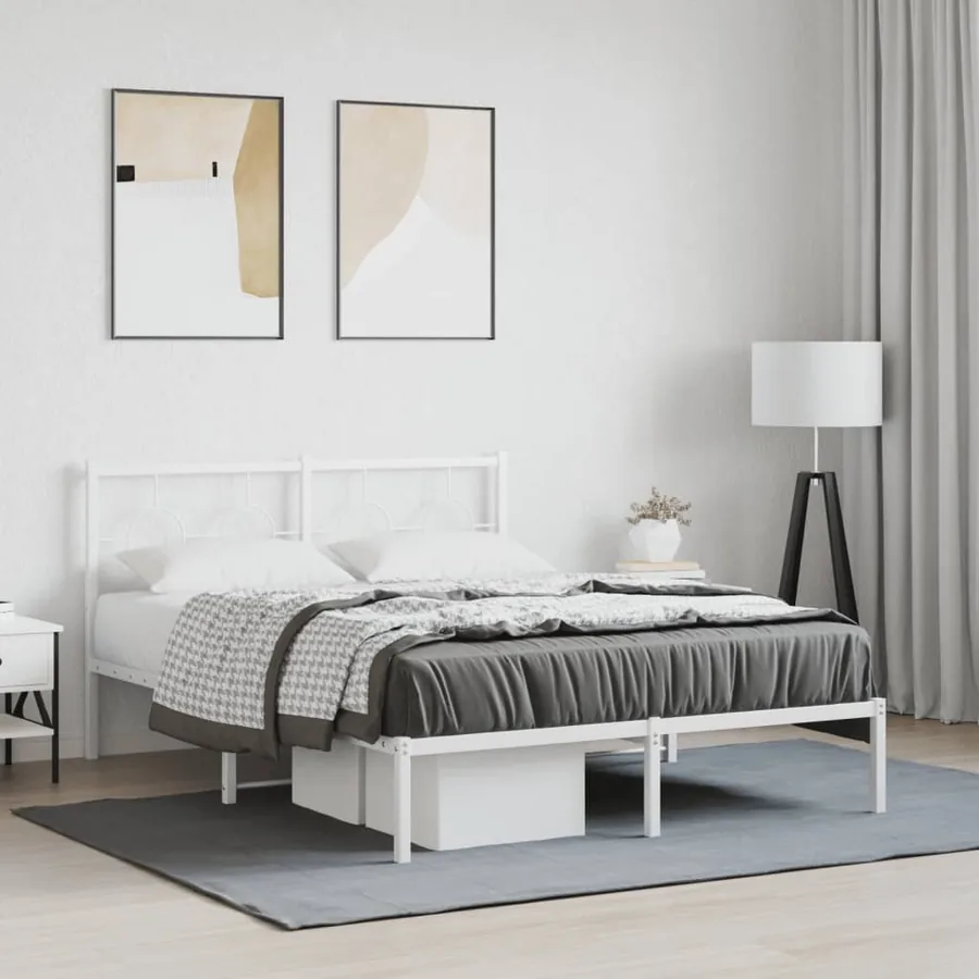 Cadre de lit métal sans matelas et tête de lit blanc 135x190 cm