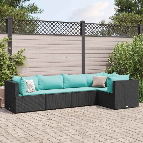Salon de jardin 5 pcs avec coussins Noir Résine tressée