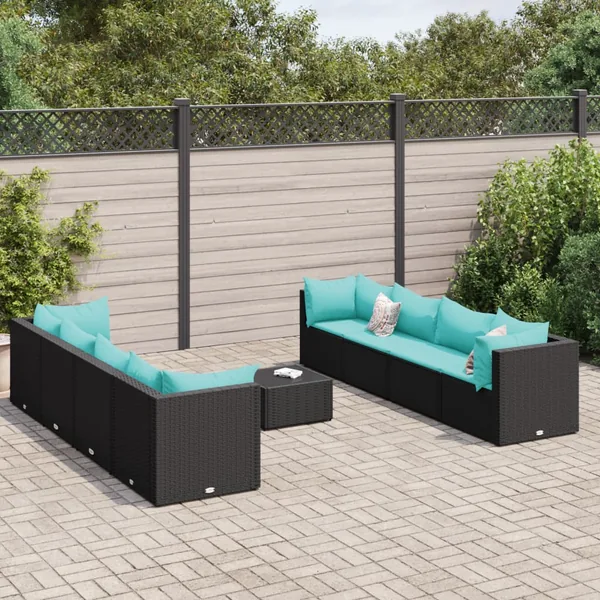 Salon de jardin 9 pcs avec coussins Noir Résine tressée