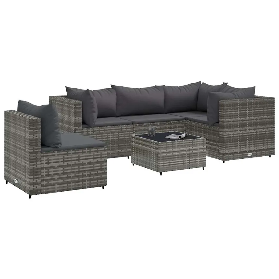 Salon de jardin 6 pcs avec coussins Gris Résine tressée - 2