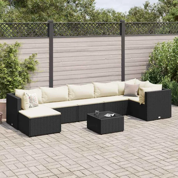 Salon de jardin 8 pcs avec coussins noir résine tressée