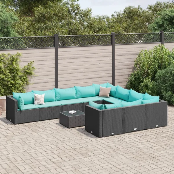 Salon de jardin 11 pcs avec coussins noir résine tressée