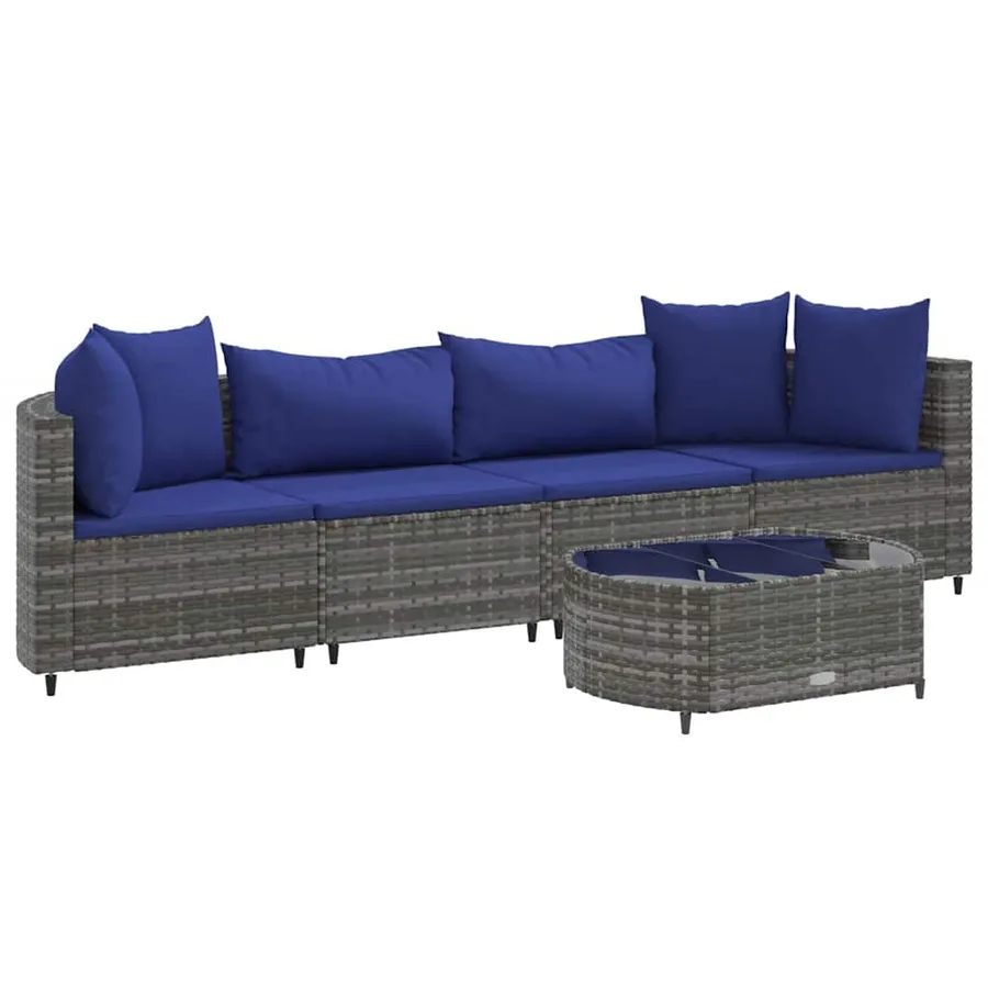 Salon de jardin 5 pcs avec coussins gris résine tressée - 2