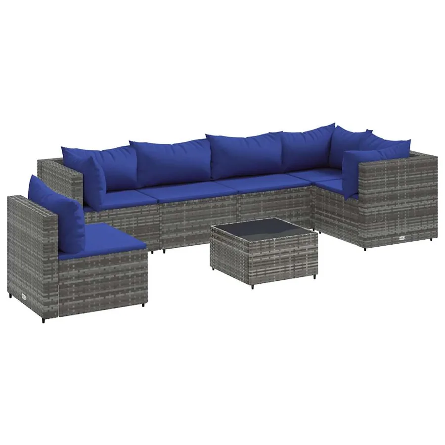 Salon de jardin 7 pcs avec coussins Gris Résine tressée - 2