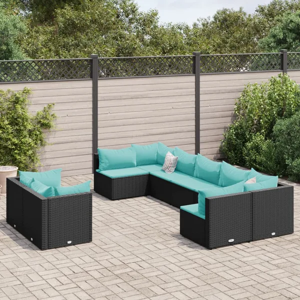 Salon de jardin 9 pcs avec coussins noir résine tressée