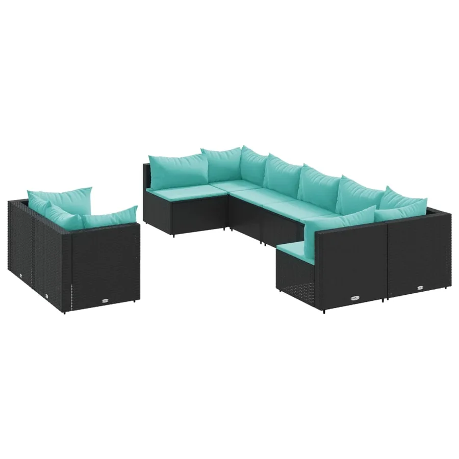 Salon de jardin 9 pcs avec coussins noir résine tressée - 2