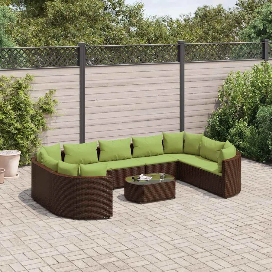 Salon de jardin 10 pcs avec coussins marron résine tressée