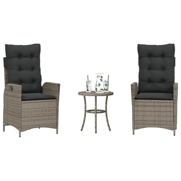 Ensemble de bistro 3 pcs avec coussins gris résine tressée
