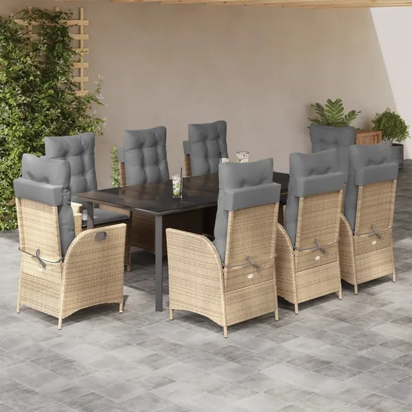 Ensemble à manger de jardin et coussins 9 pcs beige Poly rotin