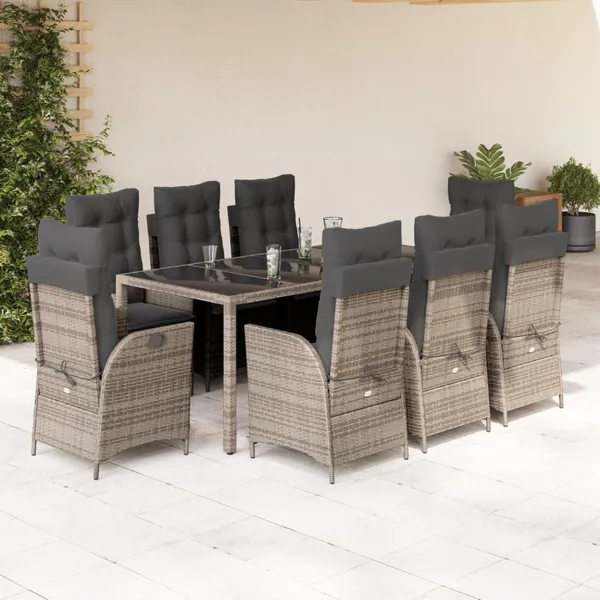 Ensemble à manger de jardin 9 pcs coussins gris résine tressée