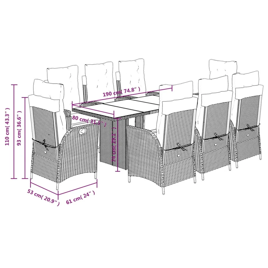 Ensemble à manger de jardin et coussins 9 pcs gris clair rotin - 9