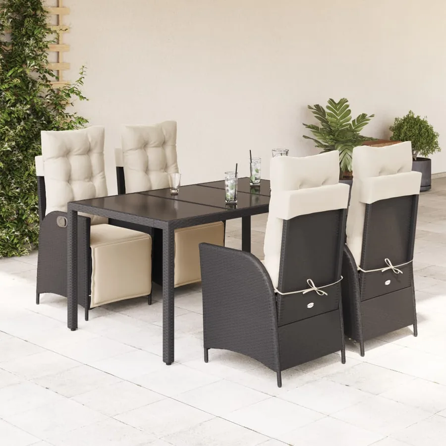 Ensemble à manger de jardin coussins 5pcs Noir Résine tressée
