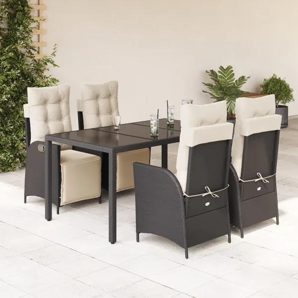 Ensemble à manger de jardin coussins 5pcs Noir Résine tressée