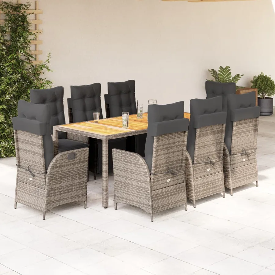 Ensemble à manger de jardin 9 pcs coussins gris résine tressée