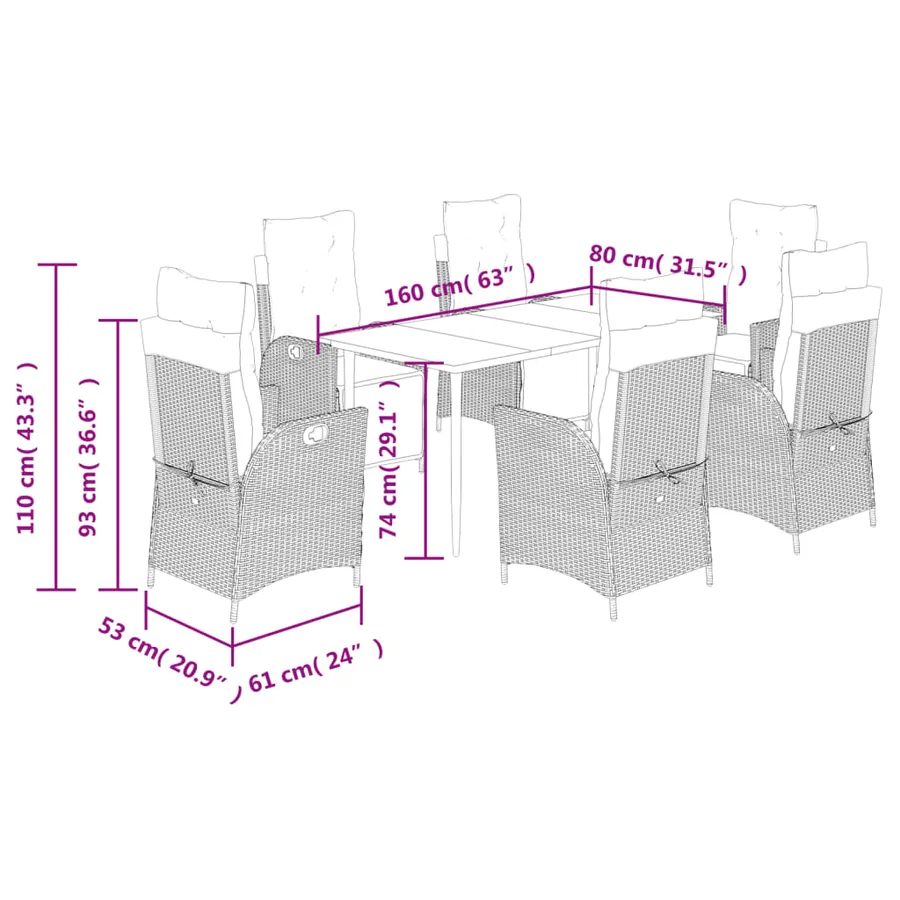Ensemble à manger de jardin et coussins 7 pcs marron rotin - 9